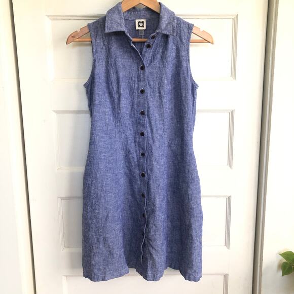 Anne Klein Linen Blend Button Front Collared Shirt Dress Blue 6 Coastal Preppy - Picture 1 of 10